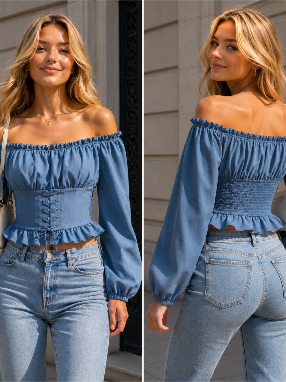SHEIN Blue Off Shoulder Smocked Peasant Top Small Cottagecore Corset Back Blouse